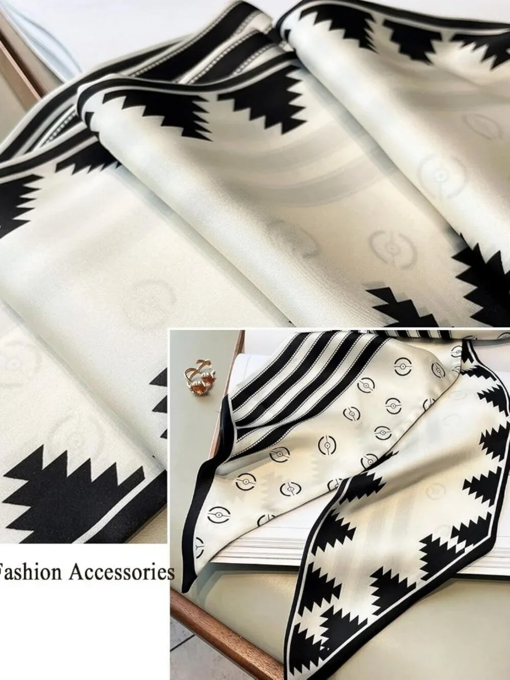 Women's Black and White Geometry Head Scarves Long Skinny Silky Hair Bags Scarf